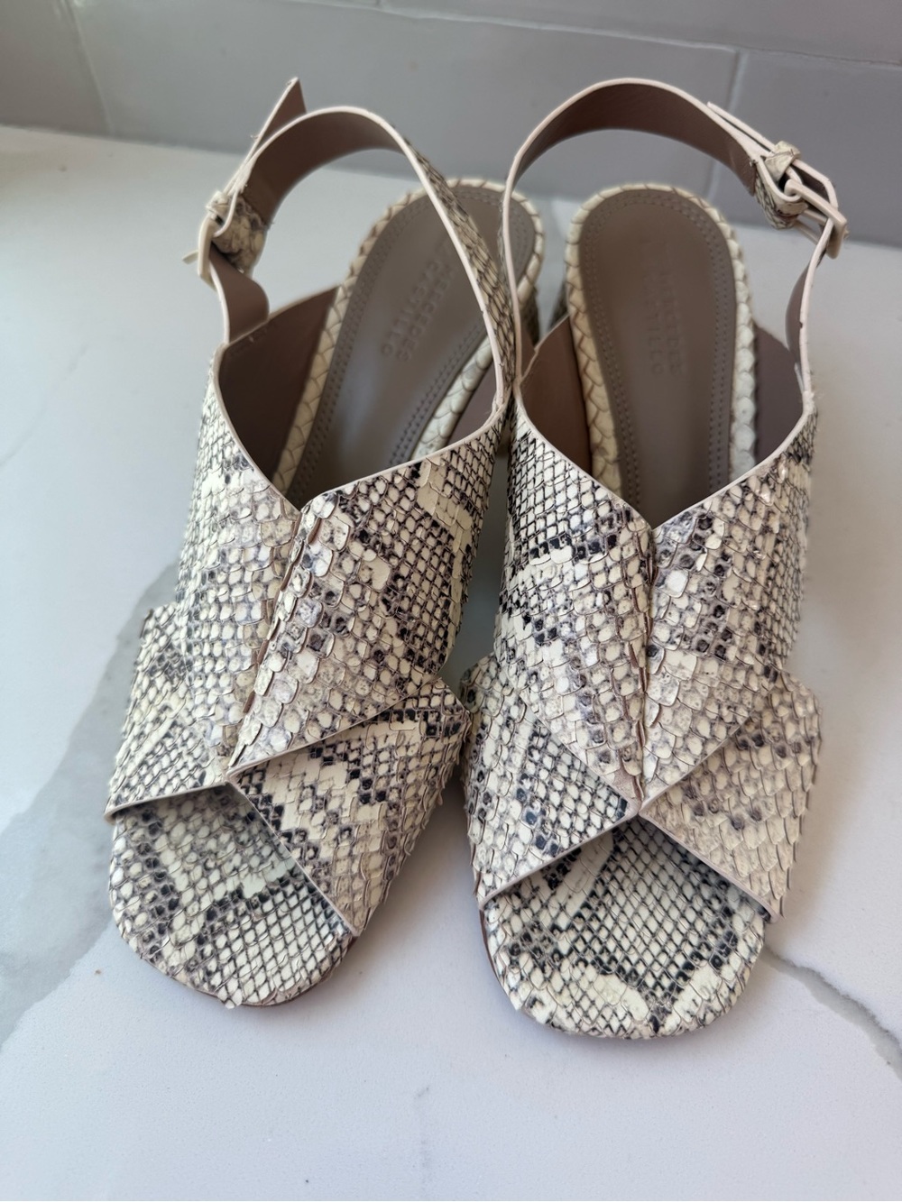 Mercedes Castillo Cream Snake-Slingback Sandals Size 9